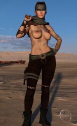 1girls 3d big_breasts breasts dirt dirty female goggles goggles_on_head gun imperator_furiosa mad_max maniacmayo nipples shaved_head solo topless very_short_hair
