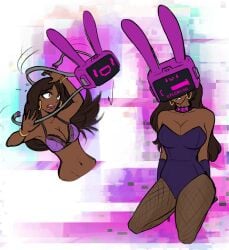 alesha_(zko) before_and_after bottomless bra bracelet breasts brown_hair bunny_ears bunny_girl bunnysuit cleavage collar collarbone confused dark_skin earrings english_text expressionless female_only femsub fishnets gloves helmet high_heels hypnotic_accessory kneeling long_hair navel opera_gloves original pantyhose progress_indicator tech_control text underwear visor white_background z-tech_(zko) zko