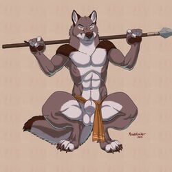 2015 abs animal_genitalia athletic balls barefoot big_sheath canine clothing digitigrade fat_sheath fully_sheathed loincloth loincloth_aside male male_only mammal melee_weapon polearm richard_foley sheath solo spear tribal weapon wolf