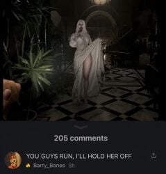 1girls 3d biohazard capcom comment_section female female_focus female_only flashing flashing_at_viewer funny legs long_hair looking_at_viewer low_res lowres meme meme_reference open_mouth resident_evil resident_evil_9:_requiem selena_corey skirt_lift solo standing standing_up twitter white_eyes white_hair zombie zombie_girl