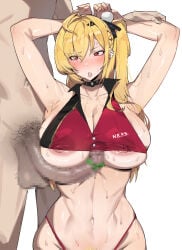 1boy 1girl ahoge alternate_breast_size_(larger) armpits arms_behind_head blonde_hair breasts censored cissia_(zenless_zone_zero) covered_nipples crop_top dr_octojuice earrings english_commentary hair_ornament hetero highres huge_breasts huge_penis jewelry long_hair mosaic_censoring navel nipple_slip nipples parted_lips penis pom_pom_(clothes) pom_pom_hair_ornament red_eyes shock_collar snake_earrings snake_girl sweat white_background zenless_zone_zero