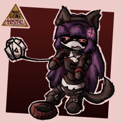 doll_(murder_drones) murder_drones nulogonepostal artist_logo self_upload bondage cat_ears cat_tail annoyed_expression dubious_consent pet_play leash belt_buckle collar worker_drone purple_hair red_eyes robot_girl android screen_face