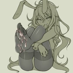 :> animal_ears blush bunny_ears bunny_girl character_request condom condom_in_mouth cum cum_on_body cum_on_lower_body eyelashes feet female leg_hug long_hair mouth_hold pantyhose pas_(paxiti) pov_feet solo spot_color thighband_pantyhose toes wrist_cuffs