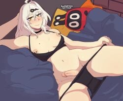 yixuan_(zenless_zone_zero) zenless_zone_zero nipple_piercing small_breasts penis_out on_bed panties panties_down white_hair bangs hand_on_head nipples futanari dickgirl belly midriff open_bra big_penis curved_penis blush juicy_lips subspaceskater