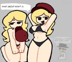 1boy 1girls 2026 2d 2d_(artwork) arcaned_roses arms_up background_character belly_button bikini bikini_bottom black_bikini blonde blonde-haired_female blonde_female blonde_hair bra breasts cap color colored convenient_censoring dialogue digital_drawing_(artwork) digital_media_(artwork) english_text female female_focus grey_background hat light-skinned_female light_skin long_hair looking_aside motion_lines nora_(daffytitanic) open_mouth open_smile panties raging_roblox_reviewer red_cap red_hat roblox roblox_youtube roblox_youtuber robloxian roses_arcaned simple_background smile speech_bubble stomach text thighs topless topless_female xiaoxiaoman yellow-skinned_male yellow_skin youtube youtuber