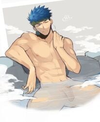 1boy abs absurdres aper bara blue_hair closed_eyes closed_mouth commentary fire_emblem fire_emblem:_radiant_dawn green_headband hand_on_own_neck headband highres ike_(fire_emblem) male_focus male_only nipples nude onsen partially_submerged pectorals penis short_hair solo steam thighs toned toned_male