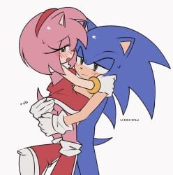 1boy 1girl amy_rose animated_gif ass ass_focus ass_grab_(another) bare_ass blush bracelet carrying carrying_person dress dress_lift embarrassed fang gloves gold_bracelet green_eyes hairband half-closed_eyes hand_on_another's_ass hug medium_hair nervous no_panties pink_fur pink_hair red_boots red_dress red_hairband sega sonic_(series) sonic_the_hedgehog spiked_hair sweat sweatdrop tail teen teen_boy teen_girl teenage teenage_boy teenage_girl teenager usarozu white_gloves