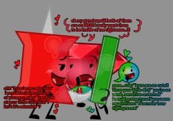 3dickgirls 3futas animate_inanimate battle_for_dream_island bfdi blush book_(bfdi) dickgirl frotting futanari heart-shaped_pupils intersex object_shows penis_size_difference pin_(bfdi) precum ruby_(bfdi) small_penis small_penis_humiliation speech_bubble threesome trio