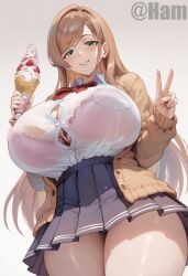 ice_cream skirt cardigan v from_below green_eyes ham11 ai_generated female 1girls sanada_minako ijirare_~fukushuu_saimin~ solo_female female_only school_uniform schoolgirl curvy shirt
