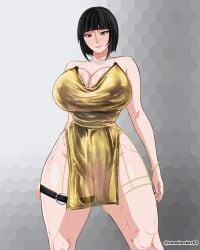 accessory big_ass big_breasts big_thighs dress dress_lift female female_focus female_only golden_dress golden_eyes microdress no_bra no_bra_under_clothes no_panties no_underwear sequin_dress shiny_clothes short_hair skin slit_dress thick thick_thighs translucent_clothing voluptuous voluptuous_body voluptuous_female