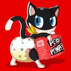 anthro atlus belt bent_over black_body black_fur blue_eyes bodily_fluids butt chibi clothed clothing diaper diaper_bag domestic_cat felid feline felis fur genital_fluids kerchief looking_at_viewer looking_back male mammal markings mask morgana_(persona) peeing peeing_self persona_(series) persona_5 raised_tail red_background scarf sega simple_background solo tail tail_markings tenerius tuxedo_cat unclean_diaper urine used_diaper wearing_diaper wet_diaper wetting white_body white_fur