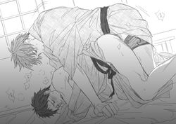 2boys anal blush junpei_hyuga kimono kuroko_no_basuke male_only monochrome multiple_boys sex shiru_(pepeelotion) teppei_kiyoshi undressing wince yaoi