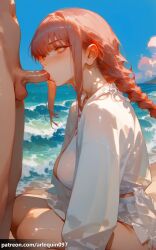 ai_generated makima_(chainsaw_man) chainsaw_man arlequin097 1girl long_hair breasts blush shirt large_breasts skirt long_sleeves 1boy sitting white_shirt yellow_eyes braid sidelocks hetero outdoors red_hair nude sky penis solo_focus day artist_name cloud water from_side blue_sky orange_eyes uncensored ocean erection beach testicles dark-skinned_male white_skirt oral fellatio web_address patreon_username clothed_female_nude_male braided_ponytail sand ringed_eyes shore