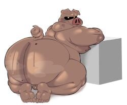 2026 5_toes anthro axelfloof backsack balls big_butt bodily_fluids butt digital_drawing_(artwork) digital_media_(artwork) domestic_pig english_description feet genitals kneeling male mammal markings mole_(marking) mole_on_balls mole_on_butt nintendo nipples nude_anthro nude_male overweight overweight_anthro overweight_male pigma_dengar rear_view short_tail simple_background solo star_fox suid suine sus_(pig) sweat sweaty_butt tail toes white_background yellow_eyes