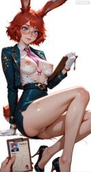 1other ai_generated animal_ears ass aurora_(league_of_legends) bare_legs belt between_breasts blue_eyes blue_jacket blue_skirt blush bra bra_pull breasts breasts_out clipboard closed_mouth clothes_pull collared_shirt earrings glasses gloves high-waist_skirt high_heels holding holding_clipboard id_card jacket jewelry large_breasts league_of_legends legs lips long_sleeves looking_at_viewer medium_breasts miniskirt necktie necktie_between_breasts nipples open_clothes open_jacket open_shirt panties pantyshot pencil_skirt pink_necktie pov pov_hands pumps rabbit_ears rabbit_girl rabbit_tail red_hair round_eyewear shirt short_hair simple_background sitting skirt smile solo_focus tail underwear vastaya watch white_background white_bra white_gloves white_panties white_shirt wristwatch