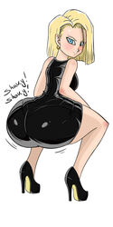 1girls android_18 ass ass_in_dress big_ass blonde_hair blue_eyes blush dat_ass dragon_ball dragon_ball_z dress female high_heels hoop_earrings huge_ass looking_at_viewer squatting thenewguy twerking