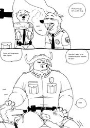 bernielover black_and_white blush canine chief_bogo clothing comic disney gay hi_res male male_only mammal monochrome officer_fangmeyer_(zootopia) oral_sex wolf yaoi zootopia