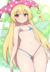 clownpiece purple_hat blonde_hair blonde_female blonde blonde-haired_female blonde_hair_female red_eyes light_skin light-skinned_female american_flag long_hair rizento touhou touhou_project tagme 1girls 1girl 1female simple_background image