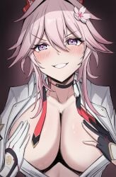 pink_hair long_hair purple_eyes honkai:_star_rail hoyoverse mihoyo honkai_(series) evanescia_(honkai:_star_rail) 1girls female breasts big_breasts large_breasts upper_body exposed_breasts breasts_out grin mismatched_gloves gloves hands_on_breasts touching_breast looking_at_viewer covering_nipples animal_ears fox_ears