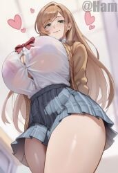 1girls ai_generated cardigan curvy female female_only from_below ham11 ijirare_~fukushuu_saimin~ sanada_minako school_uniform schoolgirl shirt skirt smile solo_female thick_thighs