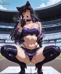 ai_generated bare_shoulders black_hair cameltoe choker erotic erotic_costume fellatio_gesture female female_only heel_boots jacket latex leather legs_apart legs_spread looking_at_viewer medium_breasts miniskirt nipple_bulge nipple_outline off_shoulder open_mouth posing_for_the_viewer public race_queen rwby seductive seductive_eyes seductive_look sexy sexy_body sexy_pose stadium tagme thigh_boots thigh_highs thighhighs tight_clothing tongue tubetop twistedpeach blake_belladonna purple_hair amber_eyes cat_ears catgirl faunus long_hair cat_girl