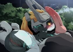 animal_genitalia animal_penis anus bestiality biped black_body blonde_hair blush bodily_fluids butt canid canine canine_genitalia canine_penis canis clothing dagasi duo female feral fur genitals hair headgear headgear_only headwear headwear_only hi_res humanoid humanoid_on_feral imp_midna larger_male link_(wolf_form) male male/female mammal midna mostly_nude multicolored_body nintendo one_eye_obstructed outside penis pupils size_difference smaller_female smile sweat the_legend_of_zelda twili twilight_princess vulva wolf wolf_link yellow_sclera