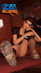 black_t-shirt boots brown_eyes cute_face facepaint fortnite fortnite:_battle_royale maya_(fortnite) rxzeroblend short_hair showing_boots sitting_on_bed smile socks
