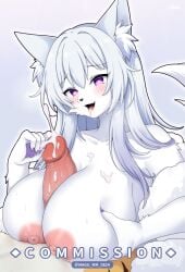 1boy 1girl absurdres animal_ear_fluff animal_ears animal_nose aroused artist_name blue_background breasts center-flap_bangs collarbone commentary commission cum cum_in_mouth cum_on_body cum_on_breasts cum_on_penis cum_on_tongue double-parted_bangs ejaculation english_commentary erection facial fang fox_ears fox_girl fox_tail furry furry_female furry_male furry_with_furry grabbing_own_breast hair_over_shoulder heart heart-shaped_pupils hetero highres large_breasts long_hair looking_at_penis magu_mm_0824 mo_(k40633) nipples nude open_mouth orange_fur original orpheus_(lucifer) outline paizuri pawpads penis poking_penis purple_eyes purple_nails signature snout solo_focus sweat symbol-shaped_pupils tail tiger_boy tongue tongue_out twitter_username very_long_hair white_fur white_hair white_outline