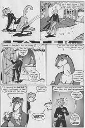 2004 after_sex anal anthro bottomless clothed clothing comic cum doctor_dee english_text excessive_cum feline female ferret karno mammal monochrome mustelid page_14