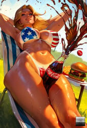 1girls flag_print american_flag_bikini breasts swimsuit blonde_hair solo bikini tan tanlines blue_eyes large_breasts food cola navel looking_at_viewer soda_bottle female_pubic_hair burger pubic_hair covered_nipples armpits bikini_tan smile ketchup sweat thighs american_flag united_states bottle outdoors soda lips long_hair lying arms_up between_thighs on_back stomach day wet american_flag_print food_on_body thick_thighs parted_lips cleavage chair ai_generated stable_diffusion philon tina_armstrong dead_or_alive