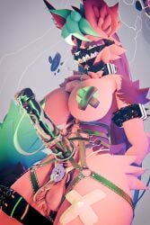 abstract_background absurd_res animal_genitalia anthro band-aid bandage bdsm bondage bound chastity_cage chastity_device earcw equine_genitalia flat_chastity_cage genitals gynomorph hi_res intersex looking_at_viewer muzzle_(object) solo strap-on_over_chastity strapon