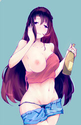 bare_shoulders black_panties blush bottle breast_slip breasts denim denim_shorts drunk female highres kisei2 long_hair looking_at_viewer maboro_shiki maporo_shiki mound_of_venus navel nipples one_breast_out panties purple_eyes purple_hair red_hair ryuugajou_nanana_no_maizoukin short_shorts shorts shorts_pull smile solo underwear