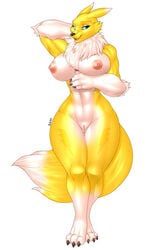 3_toes 4_fingers abs anthro big_breasts black_sclera blue_eyes breast_rest breasts canine chest_tuft digimon facial_piercing female female_only fox fur furry furry_only hand_behind_head hi_res mammal markings muscular muscular_female naked navel nipples nude open_mouth piercing pussy renamon simple_background smile solo standing tail thick_thighs thunder-renamon toes tuft voluptuous white_background white_fur wide_hips yellow_fur