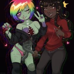 blush breasts breasts_out cuts dark-skinned_female dark_skin guro injury looking_at_another multicolored_hair multiple_girls needle non-web_source off-shoulder_shirt off_shoulder one_eye_closed organs panties prepare4surgery rainbow_hair rn2girls rnhighres rnoriginal scar scars_on_thighs sewing_needle shirt standing stitches underwear yuri zombie