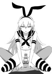 2boys absurdres bare_shoulders collarbone commentary_request crop_top crossdressing dark-skinned_male dark_skin highres kantai_collection male_focus multiple_boys penis sailor_collar sailor_shirt shimakaze_(kancolle) shirt sleeveless testicles thighhighs trap wuwusan