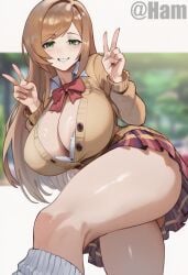 1girls ai_generated cleavage curvy double_v female female_only green_eyes ham11 ijirare_~fukushuu_saimin~ sanada_minako school_uniform schoolgirl shirt skirt socks solo_female thick_thighs