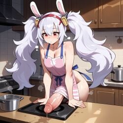 1girl ai_generated animal_ears animal_penis apron azur_lane bare_arms bare_shoulders blush breasts cleavage closed_mouth clothing collarbone cooking cutting_board erection fake_animal_ears futanari grey_hair hadaka_apron hair_between_eyes hair_ornament hairband huge_penis huge_testicles indoors intersex kitchen laffey_(azur_lane) large_penis large_testicles long_hair looking_at_penis lunaart medium_breasts naked_apron penis pink_apron precum rabbit_ears red_eyes solo sweat testicles twintails veins veiny_penis very_long_hair white_hair