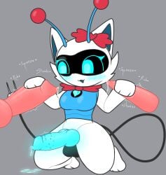 ambiguous_gender animal_genitalia animal_penis antennae_(anatomy) anthro armor balls blue_cum blue_penis bodily_fluids bow_ribbon breastplate canine_genitalia canine_penis colored_cum cum cybernetics cyborg digital_media_(artwork) disembodied_penis domestic_cat eyelashes felid feline felis genital_fluids genitals glowing glowing_cum glowing_genitalia glowing_penis gynomorph gynomorph/male handjob hi_res hikiwi intersex intersex/male k-tee_(hikiwi) kneeling knot knotted_penis looking_at_genitalia looking_at_penis machine male mammal penile penile_spines penis plug screen screen_eyes screen_face sex simple_background spiked_penis spikes spikes_(anatomy) tapering_penis unusual_bodily_fluids unusual_cum unusual_genital_fluids white_body wire