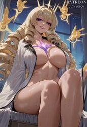duxvector ai_generated crown_(nikke) goddess_of_victory:_nikke crown_(naked_king)_(nikke) robe nude 1girl clothing female breasts blonde_hair drill_hair solo large_breasts long_hair makeup smile blue_eyes bangs sitting looking_at_viewer thighs open_clothes coat sweat female_only night window white_coat indoors eyeshadow long_sleeves blush night_sky wet navel open_coat halo star_(sky) cleavage grin curtains sky feet_out_of_frame parted_lips drill_sidelocks red_lips starry_sky collarbone teeth artist_name no_bra