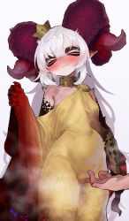 1boy 1girl absurdres bare_shoulders black_skin breasts closed_eyes colored_skin covered_navel crown curled_horns demon_girl dress ekrea_jan facial_mark fingering fingering_through_clothes fingernails gold_collar gold_dress highres horns large_horns long_hair maou-chan_(ekrea_jan) original pointy_ears pussy_juice sharp_fingernails small_breasts solo_focus steaming_body stola through_clothes very_long_hair