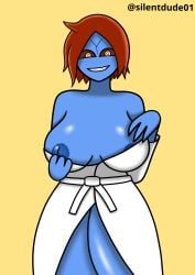 1female 1girls 2026 alien alien_girl alien_humanoid bathrobe big_breasts blue_body blue_nipples blue_skin boobs breasts freckles freckles_on_face looking_at_viewer original_character red_eyes red_hair short_hair showing_breasts showing_one_breast silentdude01 simple_background smiling smiling_at_viewer solo t'au tau thick_thighs warhammer_(franchise) warhammer_40k yellow_background