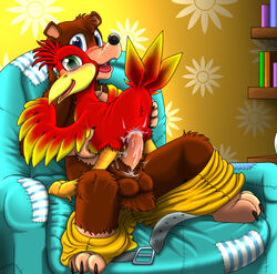 2013 anatomically_correct anatomically_correct_pussy animal_genitalia avian balls banjo-kazooie banjo_(banjo-kazooie) beak bear belt bird blue_eyes blush breegull brown_fur chair cloaca cloacal_penetration clothed clothes cum duo female feral freckles fur green_eyes happy interspecies kazooie kitsune_youkai looking_at_viewer looking_back male mammal mastery_position pants pants_down partially_clothed penetration penis pussy pussy_juice recliner sex spread_legs spreading straight vaginal_penetration video_games