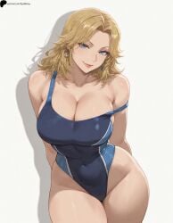 1girl 1girls ai_generated armpit_crease arms_behind_back blonde_hair blue_eyes blue_one-piece_swimsuit breasts cleavage closed_mouth collarbone covered_navel curvy earrings fantastic_four head_tilt hi_res high_quality high_resolution highres invisible_woman large_breasts light lips looking_at_viewer marvel marvel_comics marvel_rivals medium_hair naughty_face nose one-piece_swimsuit opal_nemy patreon_logo patreon_url patreon_username plain_background self_upload shadow shiny shiny_clothes shiny_hair shiny_skin simple_background solo standing sue_storm swimsuit thick_thighs thighs watermark white_background
