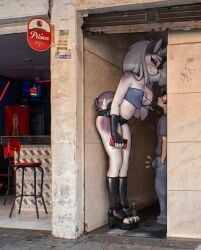 1boy 1girls a_chance_encounter alleyway_milf_(meme) anthro clothed colombia erection erection_under_clothes furry heels helluva_boss high_heels loona_(helluva_boss) male medellin,_colombia photo-referenced photo_background pilsen_callao taller_female whisperfoot wolf