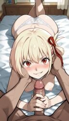 , brokewyt ai_generated lycoris_recoil nishikigi_chisato 1girl breasts looking_at_viewer blush smile short_hair bangs blonde_hair red_eyes 1boy ribbon medium_breasts underwear nipples panties hair_ribbon ass hetero lying parted_lips penis solo_focus indoors dark_skin white_panties red_ribbon uncensored pov on_bed one_side_up topless erection dark-skinned_male on_stomach handjob veins veiny_penis hand_on_another's_face hand_on_another's_cheek penis_grab