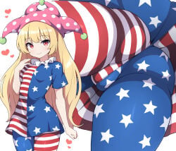 clownpiece purple_hat blonde_hair blonde_female blonde blonde-haired_female blonde_hair_female red_eyes light_skin light-skinned_female american_flag long_hair rizento touhou touhou_project tagme upskirt multiple_views 1girls 1girl 1female simple_background image