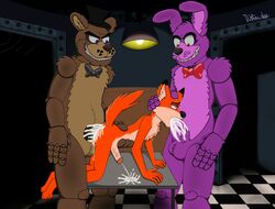 anal anal_sex animatronic anthro balls bear blue_eyes bonnie_(fnaf) brown_fur canine checkered cum cum_in_ass cum_in_mouth cum_inside fan_character five_nights_at_freddy's floor fox foxblaster.dae freddy_(fnaf) fur fur_red hi_res lagomorph light machine male mammal office open_mouth oral penetration penis rabbit robot topknot video_games yaoi