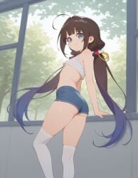 ai_generated hinatsuru_ai slim_waist slim_female blue_eyes brown_hair slutty_female slutty_body heavenly_body bare_legs small_breasts outdoors temptation tempting_viewer underboob small_ass ass_focus