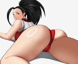 1girl 1girls ass black_eyes black_hair blush boku_no_hero_academia breasts female female_only hair_tied_back heroine laying_down leotard light-skinned_female looking_at_viewer looking_back looking_over_shoulder lying momo_yaoyorozu my_hero_academia on_model poketune ponytail red_leotard sideboob solo teenage_girl teenager thighs tied_hair