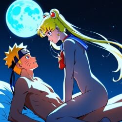 ai_generated bishoujo_senshi_sailor_moon blonde_hair blue_eyes cowgirl_position crossover face_to_face moon naked naruto_(series) naruto_shippuden night night_sky ninja romantic romantic_couple sailor_moon sailor_moon_(series) sailor_uniform usagi_tsukino uzumaki_naruto